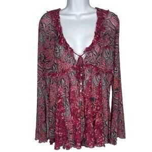 Free People Wildest Dreams Tunic Top Size M Raspberry Combo Red Floral Mesh